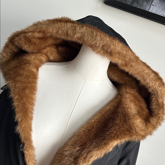 Vintage Neutral Brown Faux Fur Hooded Reversible Full Length Trench Coat 1X Soft - Picture 10 of 13